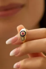 Altın Pembe Taşlı Mineli Yüzük 3 Altın Pembe Taşlı Mineli Yüzük, 14 Ayar Altın, Sarı renk, Zirkon, farklı açıdan görünümü