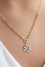 Altın Mineli Kar Tanesi Nazar Boncuklu Doç Zincir Kolye 3 14 Ayar Altın, Sarı renk, Taşsız özellikli Altın Mineli Kar Tanesi Nazar Boncuklu Doç Zincir Kolye tasarım detay görünümü