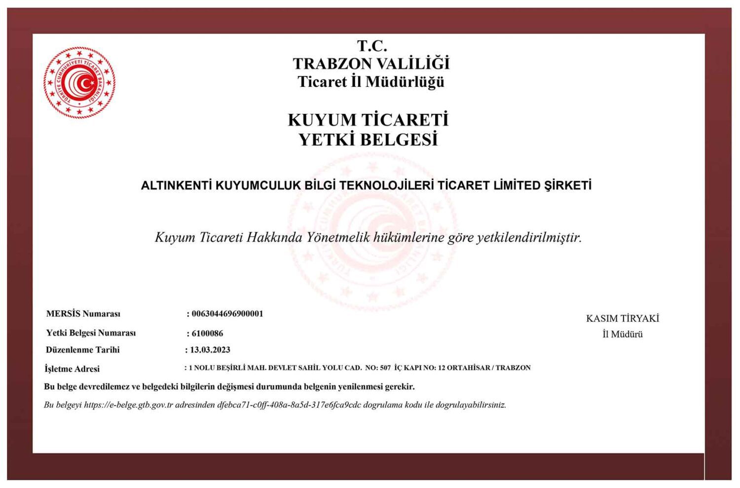 Hakkımızda Kuyum Ticaret Yetki Belgesi 6100086