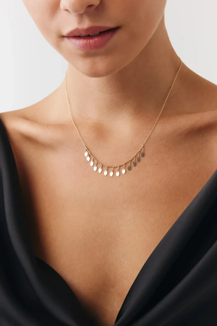 Top Zincir Detay Oval Pullu Shakira Kolye, 14 Ayar Altın, Sarı renk, 2.59 g, tasarım detay görünümü