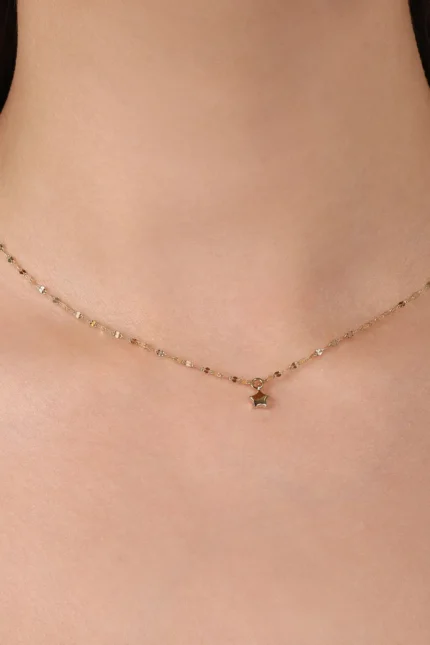 Yıldızlı Ezme Forse Zincir Choker, 14 Ayar Altın, Sarı renk, 1.28 g, yakın plan görünümü