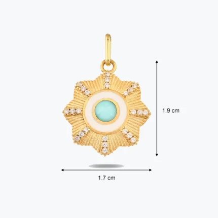 Açık Mavi Çiçek Madalyon Kolye Charm, 14 Ayar Altın, Sarı renk, 1.85 g, tasarım detay görünümü