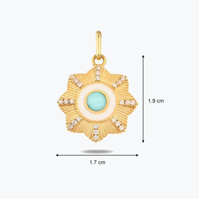 Açık Mavi Çiçek Madalyon Kolye Charm, 14 Ayar Altın, Sarı renk, 1.85 g, tasarım detay görünümü