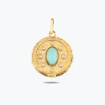 Açık Mavi Madalyon Kolye Charm – 14 Ayar Altın, Sarı renk, 2.57 g