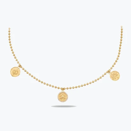 14 Ayar Altın, Sarı renk, 11.25 g özellikli Faset Kesim Dorika Top Zincirli 3'lü Mistik Tılsım Sembolleri Altın Choker