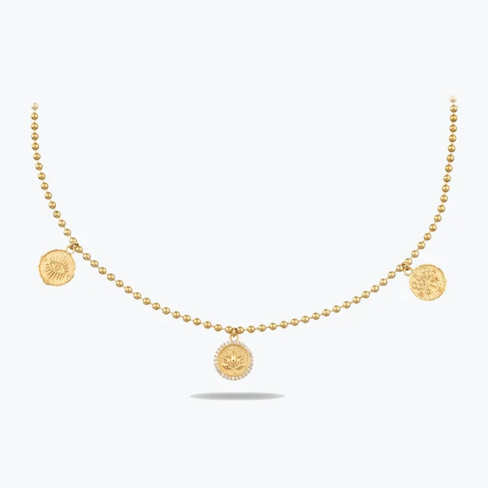14 Ayar Altın, Sarı renk, 11.25 g özellikli Faset Kesim Dorika Top Zincirli 3'lü Mistik Tılsım Sembolleri Altın Choker
