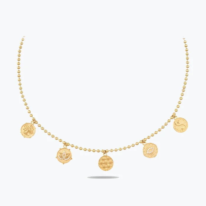 Dorika Top Zincirli 5'li Şans Sembolleri Altın Choker 1 14 Ayar Altın, Sarı renk, 12.86 g özellikli Dorika Top Zincirli 5'li Şans Sembolleri Altın Choker
