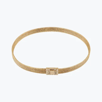 Kalın İtalyan Hasır Örgü Zincirli Taşlı Kare Kilit Choker, 14 Ayar Altın, Sarı renk, 13.05 g