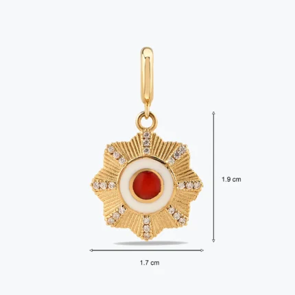Altın Klipsli Beyaz Mineli Kırmızı Taşlı Geometrik Çiçek Charm yakın plan görünümü – 14 Ayar Altın, Sarı renk, 2.10 g