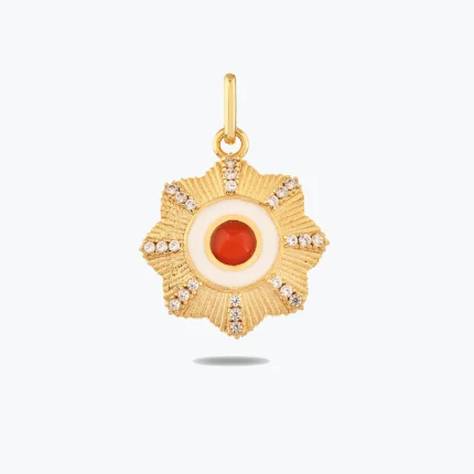 Kırmızı Taşlı Çiçek Madalyon Kolye Charm – 14 Ayar Altın, Sarı renk, 1.86 g