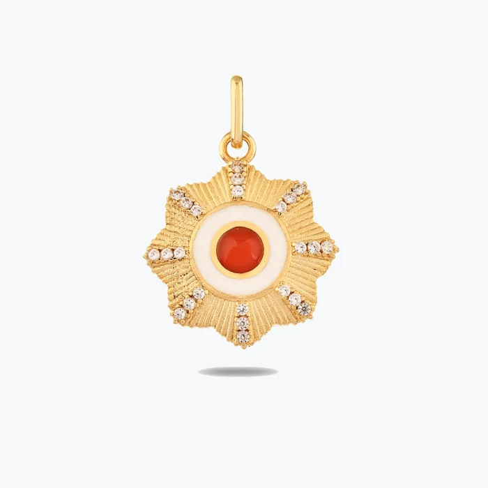 Kırmızı Taşlı Çiçek Madalyon Kolye Charm 1 Kırmızı Taşlı Çiçek Madalyon Kolye Charm – 14 Ayar Altın, Sarı renk, 1.86 g