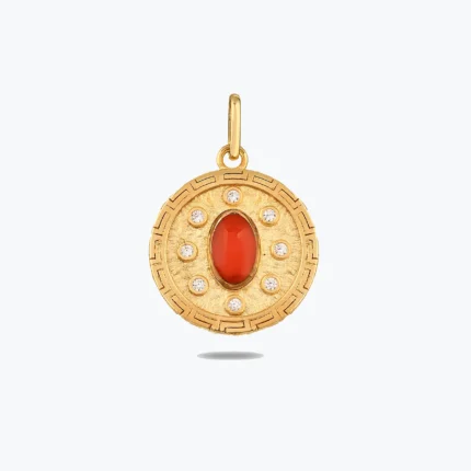Kırmızı Taşlı Madalyon Kolye Charm – 14 Ayar Altın, Sarı renk, 2.53 g