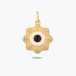 Lacivert Taşlı Çiçek Madalyon Kolye Charm – 14 Ayar Altın, Sarı renk, 1.87 g