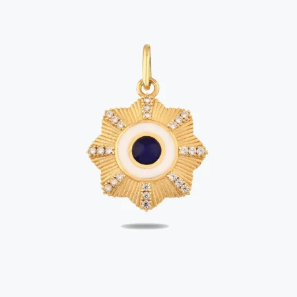 Lacivert Taşlı Çiçek Madalyon Kolye Charm – 14 Ayar Altın, Sarı renk, 1.87 g