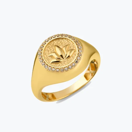14 Ayar Altın, Sarı renk, 3.84 g özellikli Lotus Çiçeği Taş Çerçeveli Damga Madalyon Yüzük