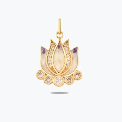 Mineli Mor Taşlı Lotus Çiçeği Charm kolye, 14 Ayar Altın, Sarı renk, 3.10 g