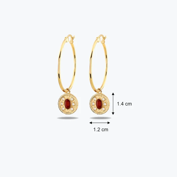 Antik Dokulu Kahverengi Oval Taşlı Madalyon Halka Küpe, 14 Ayar Altın, Sarı renk, 5.39 g, yakın plan görünümü