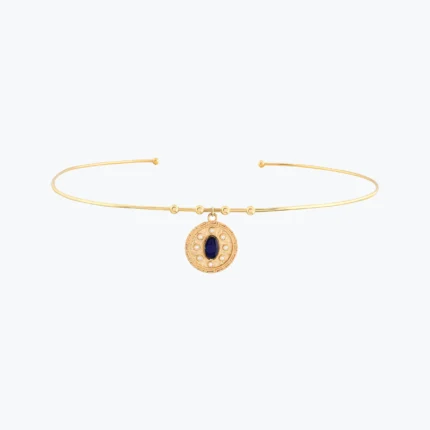 Oval Lacivert Taşlı Madalyon Uç Tel Choker, 14 Ayar Altın, Sarı renk, 8.02 g