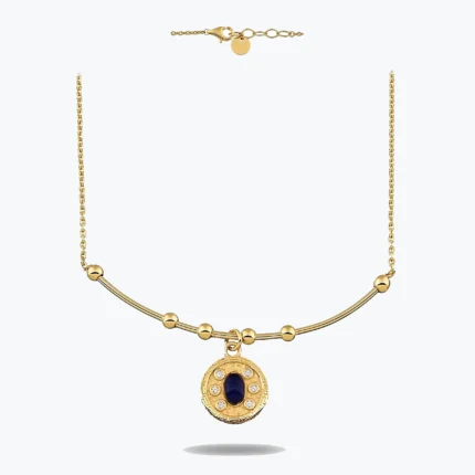 Oval Lacivert Taşlı Madalyon Uç Tel Kolye, 14 Ayar Altın, Sarı renk, 5.33 g