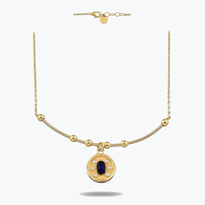 Oval Lacivert Taşlı Madalyon Uç Tel Kolye 1 Oval Lacivert Taşlı Madalyon Uç Tel Kolye, 14 Ayar Altın, Sarı renk, 5.33 g