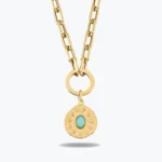 Oval Mavi Taşlı Asimetrik Madalyon Charm Kolye, 14 Ayar Altın, Sarı renk, 12.40 g
