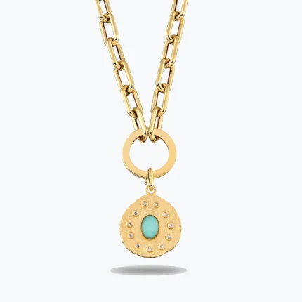 Oval Mavi Taşlı Asimetrik Madalyon Charm Kolye, 14 Ayar Altın, Sarı renk, 12.40 g