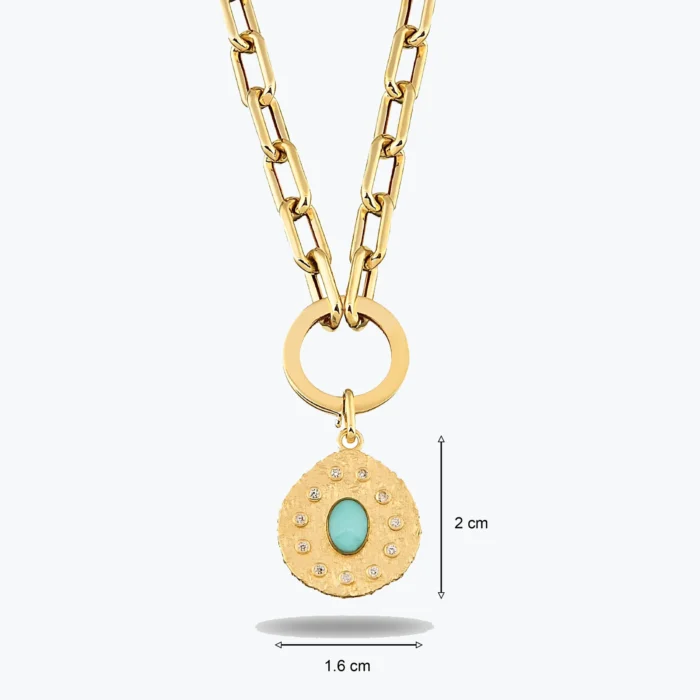 Oval Mavi Taşlı Asimetrik Madalyon Charm Kolye tasarım detay görünümü – 14 Ayar Altın, Sarı renk, 12.40 g