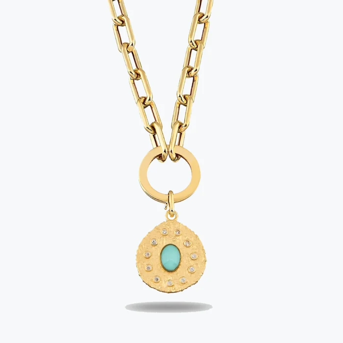Oval Mavi Taşlı Asimetrik Madalyon Charm Kolye 1 Oval Mavi Taşlı Asimetrik Madalyon Charm Kolye, 14 Ayar Altın, Sarı renk, 12.40 g