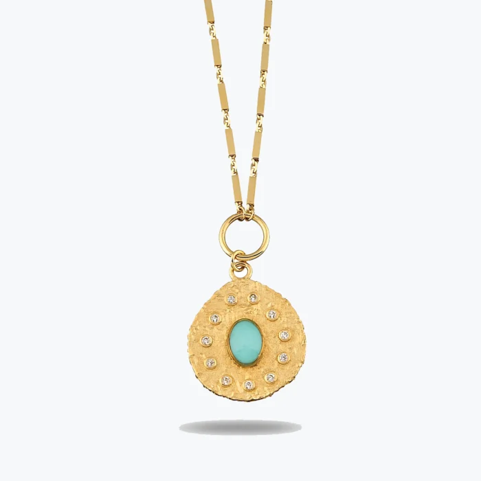 Oval Mavi Taşlı Asimetrik Madalyon Kolye 1 Oval Mavi Taşlı Asimetrik Madalyon Kolye – 14 Ayar Altın, Sarı renk, 8.64 g