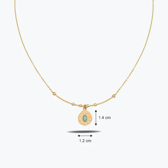 Oval Turkuaz Taşlı Asimetrik Madalyon Uç Tel Kolye, 14 Ayar Altın, Sarı renk, 5.77 g, yakın plan görünümü