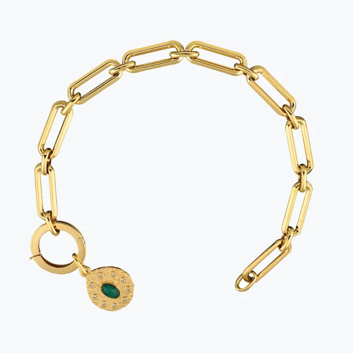 Oval Yeşil Taşlı Asimetrik Madalyon Uçlu Charm Bileklik 1 Oval Yeşil Taşlı Asimetrik Madalyon Uçlu Charm Bileklik, 14 Ayar Altın, Sarı renk, 6 g