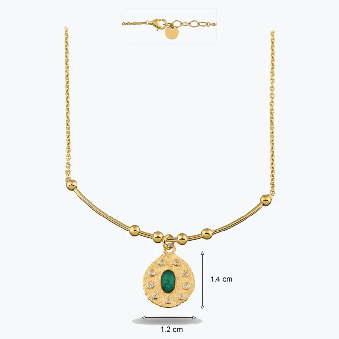 Oval Yeşil Taşlı Madalyon Uç Tel Kolye tasarım detay görünümü – 14 Ayar Altın, Sarı renk, 5.38 g