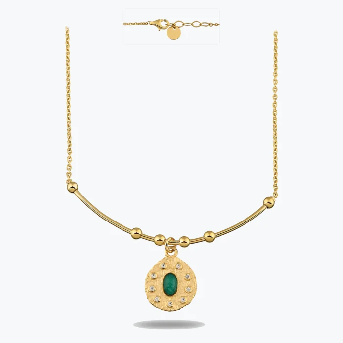 Oval Yeşil Taşlı Madalyon Uç Tel Kolye 1 14 Ayar Altın, Sarı renk, 5.38 g özellikli Oval Yeşil Taşlı Madalyon Uç Tel Kolye