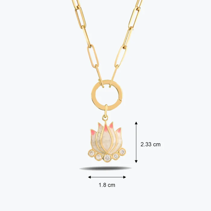 Pembe Mineli Lotus Çiçeği Ataç Altın Kolye detay görünümü – 14 Ayar Altın, Sarı renk, 7.74 g