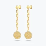 Antik Dokulu Çevresi Taşlı Lotus Madalyon Altın Küpe, 14 Ayar Altın, Sarı renk, 4.86 g