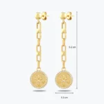 Antik Dokulu Çevresi Taşlı Lotus Madalyon Altın Küpe 3 Antik Dokulu Çevresi Taşlı Lotus Madalyon Altın Küpe, 14 Ayar Altın, Sarı renk, 4.86 g, yakın plan görünümü