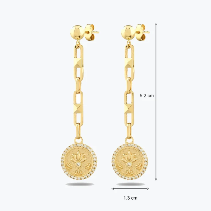 Antik Dokulu Çevresi Taşlı Lotus Madalyon Altın Küpe, 14 Ayar Altın, Sarı renk, 4.86 g, yakın plan görünümü