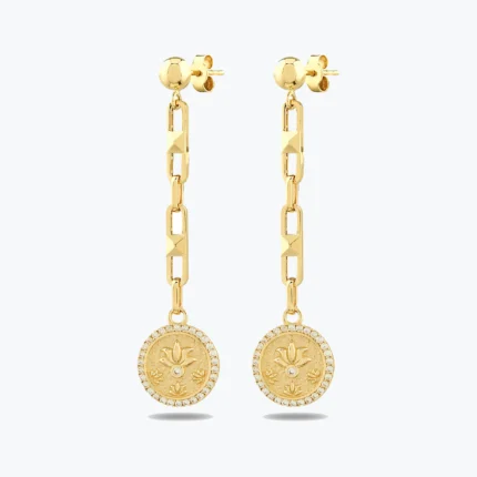 Antik Dokulu Çevresi Taşlı Lotus Madalyon Altın Küpe, 14 Ayar Altın, Sarı renk, 4.86 g