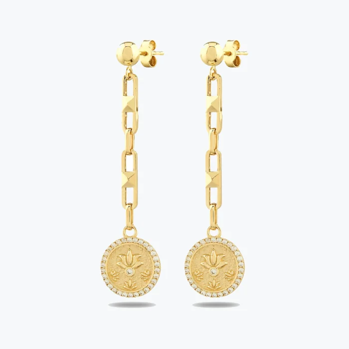 Antik Dokulu Çevresi Taşlı Lotus Madalyon Altın Küpe 1 Antik Dokulu Çevresi Taşlı Lotus Madalyon Altın Küpe, 14 Ayar Altın, Sarı renk, 4.86 g