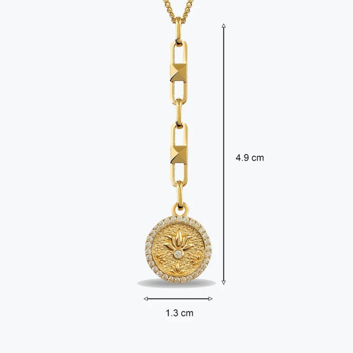 14 Ayar Altın, Sarı renk, 3.33 g özellikli Tasarım Taş Çerçeveli Lotus Damga Altın Kolye yakın plan görünümü