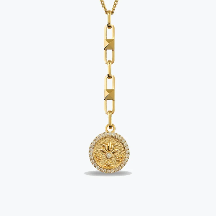 Tasarım Taş Çerçeveli Lotus Damga Altın Kolye 1 14 Ayar Altın, Sarı renk, 3.33 g özellikli Tasarım Taş Çerçeveli Lotus Damga Altın Kolye
