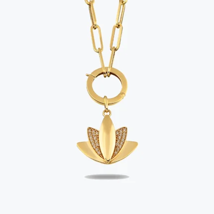 Ataç Zincirli Kilitli Taşlı Lotus Kolye, 14 Ayar Altın, Sarı renk, 7.30 g