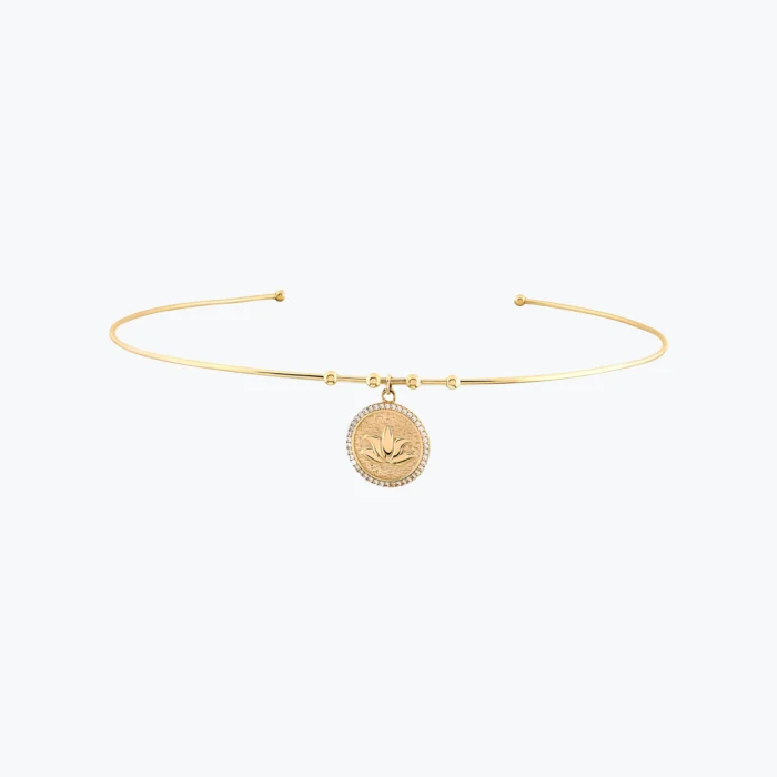 Minimal Lotus Figürlü Taş Çerçeveli Tel Choker 1 14 Ayar Altın, Sarı renk, 8.36 g özellikli Minimal Lotus Figürlü Taş Çerçeveli Tel Choker