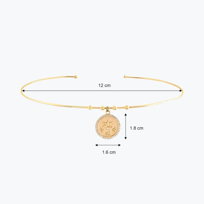 Taş Çerçeveli Lotus Madalyon Sabit Tel Choker tasarım detay görünümü – 14 Ayar Altın, Sarı renk, 8.45 g
