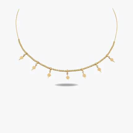 Dorika Top Zincirli Tektaşlı 7'li Kutup Yıldızı Choker Kolye – 14 Ayar Altın, Sarı renk, 5.79 g
