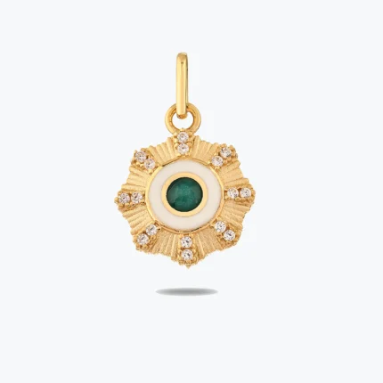 Yeşil Taşlı Çiçek Madalyon Bileklik Charm – 14 Ayar Altın, Sarı renk, 1.11 g