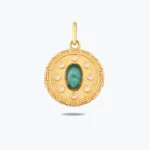 Yeşil Taşlı Madalyon Kolye Charm, 14 Ayar Altın, Sarı renk, 2.52 g
