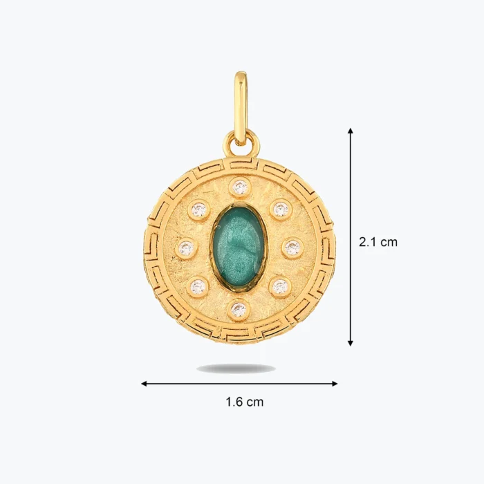 Yeşil Taşlı Madalyon Kolye Charm galeri görünümü – 14 Ayar Altın, Sarı renk, 2.52 g
