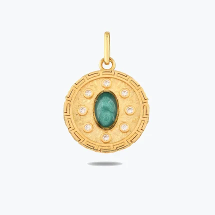Yeşil Taşlı Madalyon Kolye Charm, 14 Ayar Altın, Sarı renk, 2.52 g