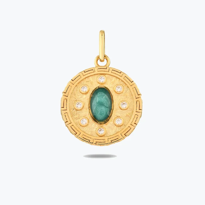 Yeşil Taşlı Madalyon Kolye Charm 1 Yeşil Taşlı Madalyon Kolye Charm, 14 Ayar Altın, Sarı renk, 2.52 g